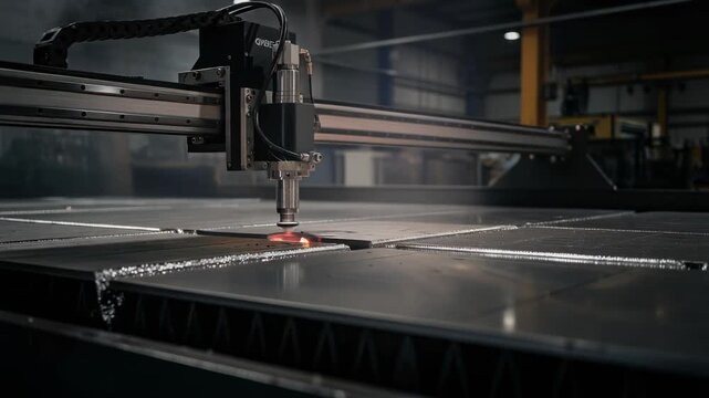 Industrial laser cutting machine engraving metal sheets with sparks in modern factory