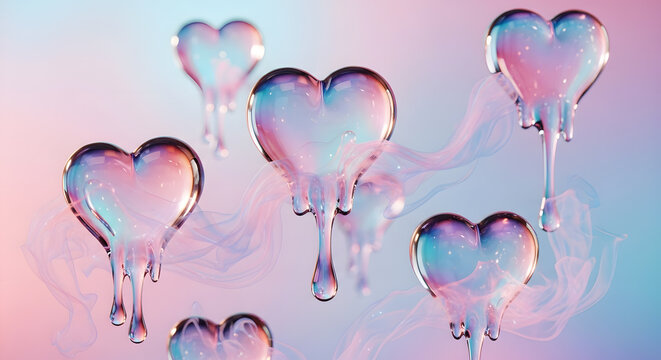 Surreal scene of translucent dripping hearts made of crystal glass featuring rainbow reflections and smoke