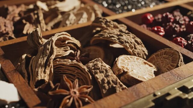 Dried spices and herbs in wooden compartments