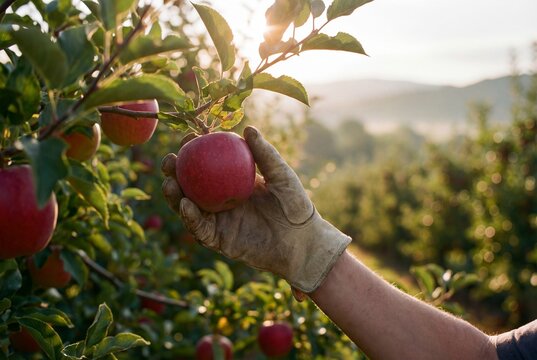 Gloved hand picking a ripe red apple from a branch in a sunlit orchard