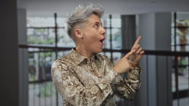 Woman with short silver hair wearing a snakeskin blouse pointing finger toward a corridor inside a bright hotel building; surprise.