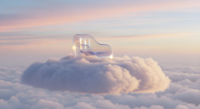 A sleek modern transparent armchair floating peacefully on a thick white cloud above a vast sea of clouds at sunset