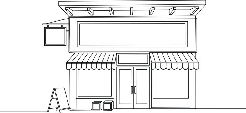 Continuous one line drawing of a small business retail storefront with blank signage and striped awning facade.