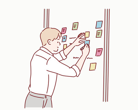 Creative Businessman Brainstorming Ideas with Sticky Notes on Office Wall. Original vector illustration drawn by hand.