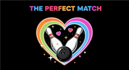 Obraz premium The Perfect Match - Vibrant Rainbow Heart with Bowling Ball and Pins Illustration for Sports Lovers and T-shirt Design