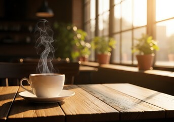 Steaming cup of coffee on wooden table by window with plants