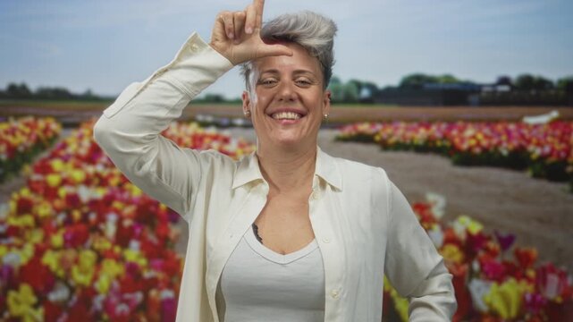 Woman makes l sign on forehead and sticks out tongue in studio with colorful tulip rows; playfulness.