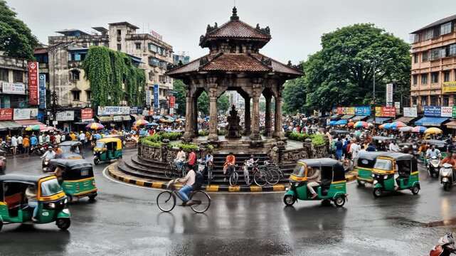 Busy urban roundabout with auto rickshaws