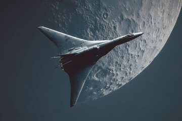 Flying vehicle navigates the surface of the moon while showing details of the lunar landscape at night