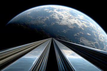 Space view of Earth from rings with a dark background showing vastness and celestial features