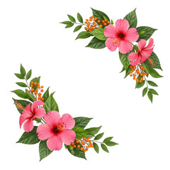 A vibrant floral arrangement with pink flowers and green leaves on a white background isolated on transparent background