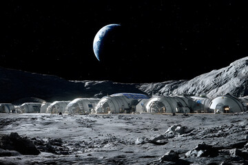 Scientists work on lunar base while Earth rises in the background during a clear night in space