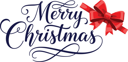 Merry Christmas calligraphic lettering vector illustration with decorative red ribbon bow isolated on white background for holiday greeting cards and festive winter season designs. © Ajmira