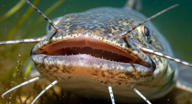 A detailed macro shot of a catfish opening its mouth in its natural aquatic habitat