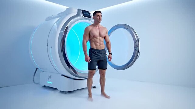 Muscular Man Exits Cryotherapy Chamber for Health and Wellness.