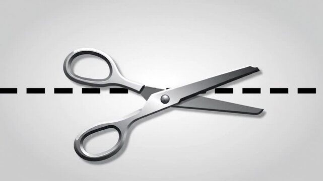 A pair of shiny l scissors cutting along a dashed line on a clean white