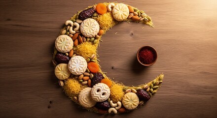 Crescent moon shape filled with assorted dried fruits, nuts, and cookies on a wooden background