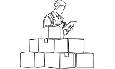Continuous one line drawing of warehouse worker checking inventory on digital tablet with stack of cardboard boxes.