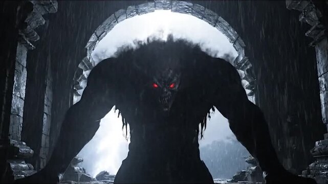 Silhouette of a monstrous creature with glowing red eyes emerging from a dark, ancient archway, creating a terrifying and mysterious atmosphere.