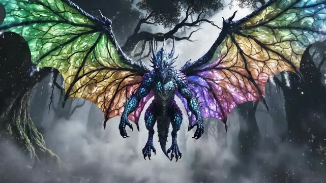 Mystical Forest Transformation - Shard Cube Unveils Majestic Rainbow-Winged Dragon in Ethereal Woods.