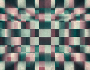 Fototapeta premium Vibrant abstract plaid pattern with blurred pink, green, and black squares on textured background