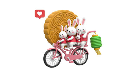 Cute Rabbits Riding a Bicycle with Mooncake and Lantern