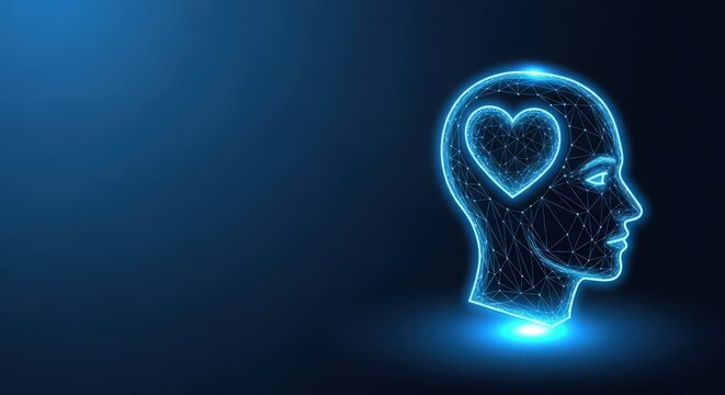 Digital Heart Within Human Head Outline Wireframe Connection
