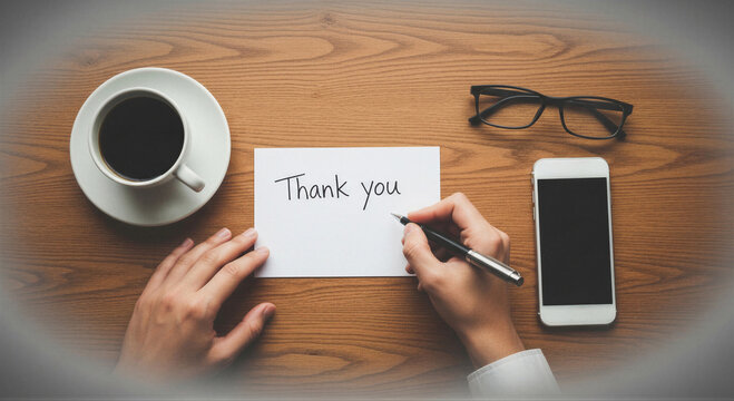 Person writing thank you note on wooden desk, top view with coffee, smartphone, and glasses