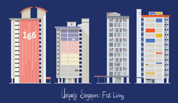 Side profiles of Singapore's public housing flats showcase a variety of architectural styles and color schemes, reflecting the country's commitment to practical yet visually distinct urban design. 
