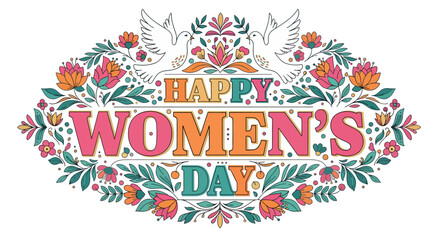 Obraz premium Happy Women's Day floral illustration with doves and intricate patterns celebrating the spirit of womanhood