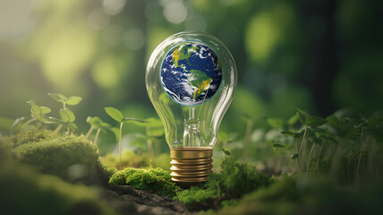 Lightbulb containing planet earth on mossy ground in a lush green forest with sunlight.