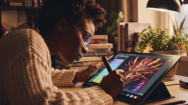 A person with glasses drawing a dragon on a digital tablet at a desk with a lamp
