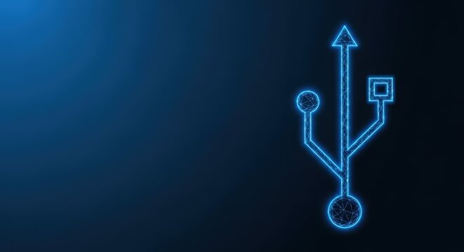 Glowing Blue USB Technology Icon Illustrates Digital Connection and Data Transfer on a Dark Network Background