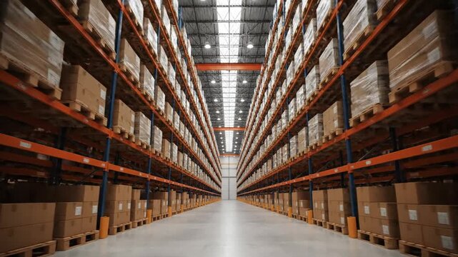 Warehouse storage facility with tall shelves, boxes, and pallets, viewed from the aisle's end