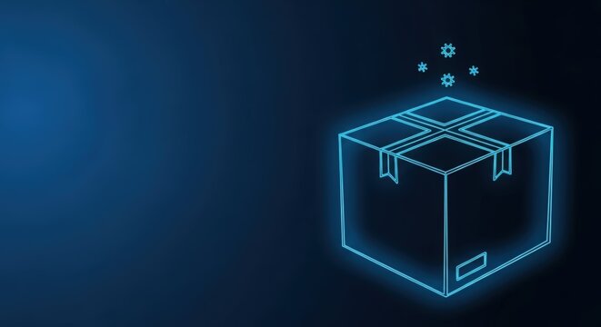 Glowing Neon Box Icon for Delivery and Logistics Services on a Dark Blue Background