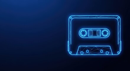 Obraz premium Neon wireframe cassette tape glowing on a dark background
