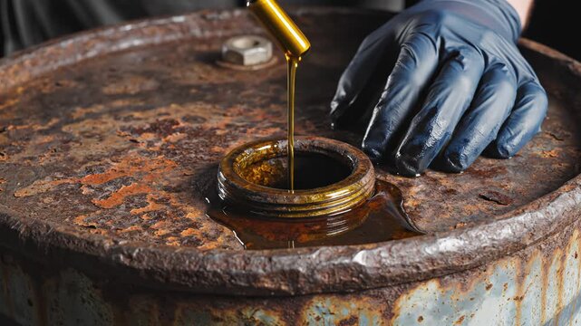 Person taking liquid sample from rusted barrel