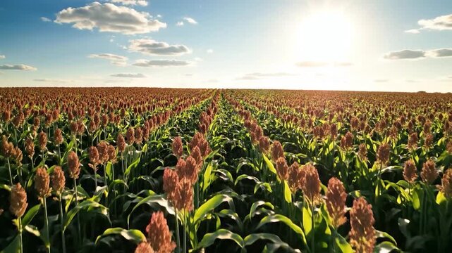 A vast field of sorghum plants thrives under the bright afternoon sun