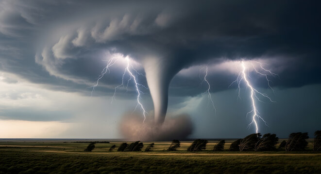 A massive funnel cloud touching the ground surrounded by bright lightning bolts during a severe storm