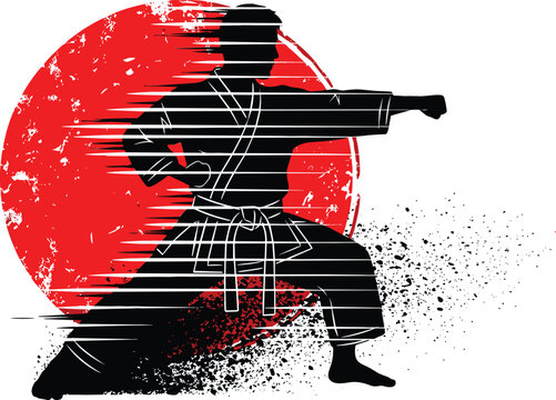 Dynamic karate silhouette punching against red sun background with speed lines for martial arts dojo tournament branding