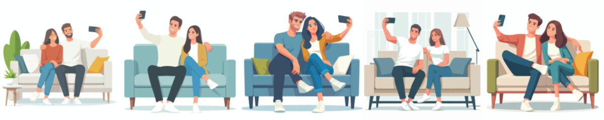 Obraz premium vector couple sitting on sofa happily taking selfie together