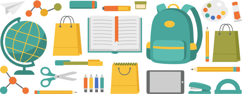 Back to school education set with backpack globe textbook tablet and school supplies in flat vector style,