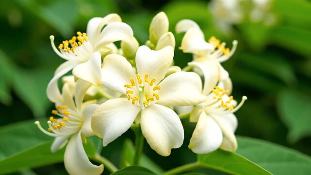 Close-up of delicate, creamy-white flowers with bright yellow stamens and green foliage