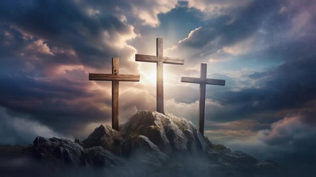 Three crosses on the mountain. Jesus Ascends to Heaven Scene.