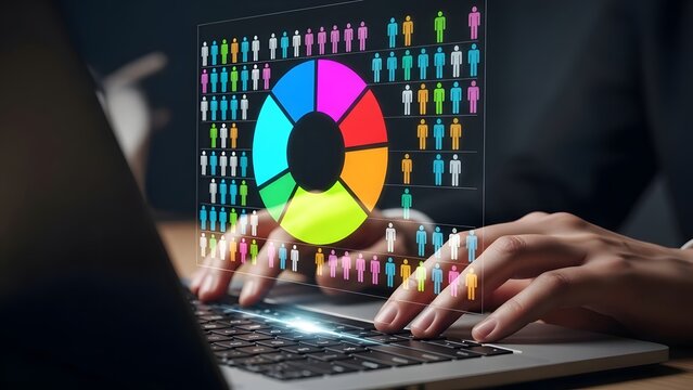 Analyzing demographic data on a laptop with a holographic interface showing a vibrant pie chart and diverse population icons for market research and strategic business insights