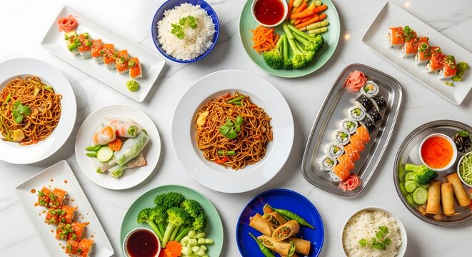 A variety of asian dishes on plates