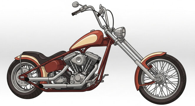 Custom chopper motorcycle with long front fork and chrome accents on white background