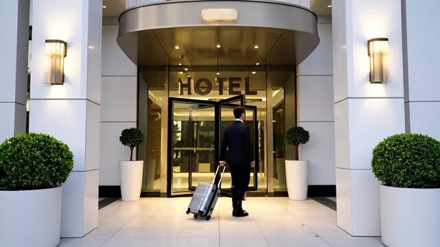 Guest entering luxury hotel with rolling luggage