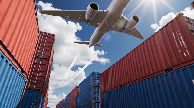 Commercial airplane flying over stacked cargo containers under a bright blue sky