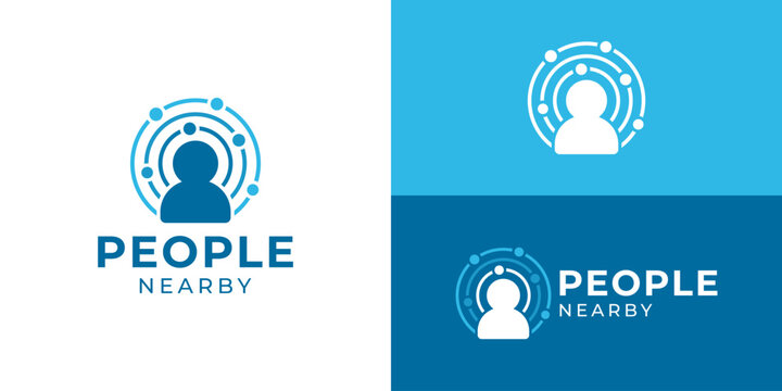 Creative simple people nearby logo template. People human person with radar detection, connection people logo design vector illustration.